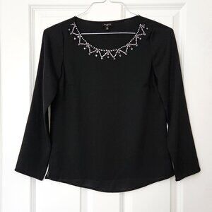 Talbots Classic Rhinestone Beaded Black Silky Chifon Top